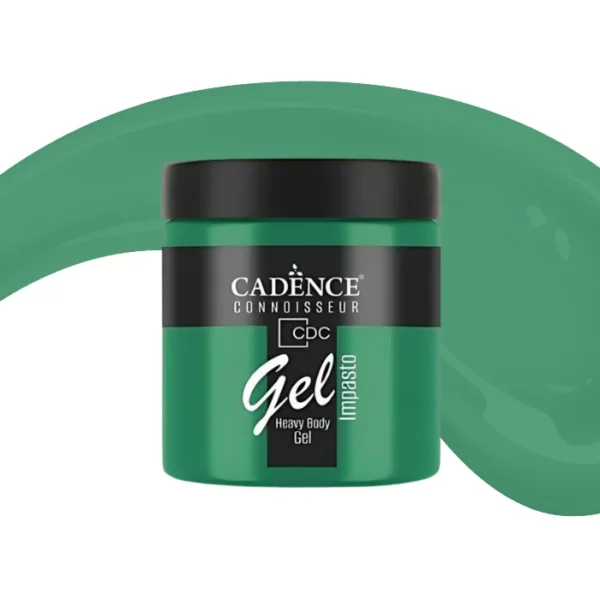 A single jar of Holly Cadence Connoissuer Heavy Body Gel Acrylic is shown in the center of the frame. The jar is made of clear plastic and has a black plastic, screw on lid. You can see the colour of the paint through the clear jar. There is a label around the body of the jar that has the Cadence logo and product name and details printed on the label. There is a colour swatch swirl behind the jar that denotes the colour of the paint. On a white background.