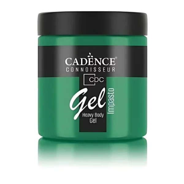 A single jar of Holly Cadence Connoissuer Heavy Body Gel Acrylic is shown in the center of the frame. The jar is made of clear plastic and has a black plastic, screw on lid. You can see the colour of the paint through the clear jar. There is a label around the body of the jar that has the Cadence logo and product name and details printed on the label. There is a reflection below the bottle. On a white background.