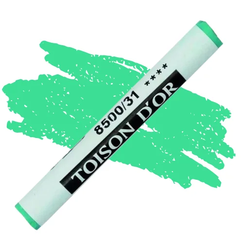 A single Hookers Green Koh-I-Noor Toison D’Or Soft Pastel is shown diagonally, across the center of the frame. The pastel has a paper wrapper around the body, which is printed in black with the brand name and product colour number. There is a colour swatch in the center of the background, behind the pastel, that indicates the colour of the pastel. On a white background.