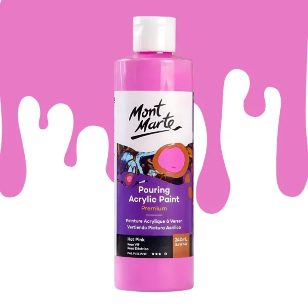 A single bottle of Hot Pink Mont Marte Pouring Acrylic Paint is shown in the center of the frame. The bottle is clear plastic so you can see the colour of the paint through the bottle. It has a white flip top cap and a printed label around the body of the bottle. The label is white and purple and has the Mont Marte logo printed at the top with the colour name and product details below. There is a drip paint background at the back of the bottle, at the top of the frame, in the colour of the paint.