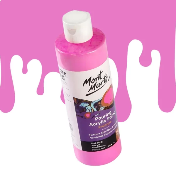 A single bottle of Hot Pink Mont Marte Pouring Acrylic Paint is shown in the center of the frame at a slight angle. The bottle is clear plastic so you can see the colour of the paint through the bottle. It has a white flip top cap and a printed label around the body of the bottle. The label is white and purple and has the Mont Marte logo printed at the top with the colour name and product details below. There is a drip paint background at the back of the bottle, at the top of the frame, in the colour of the paint.