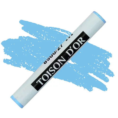 A single Ice Blue Koh-I-Noor Toison D’Or Soft Pastel is shown diagonally, across the center of the frame. The pastel has a paper wrapper around the body, which is printed in black with the brand name and product colour number. There is a colour swatch in the center of the background, behind the pastel, that indicates the colour of the pastel. On a white background.