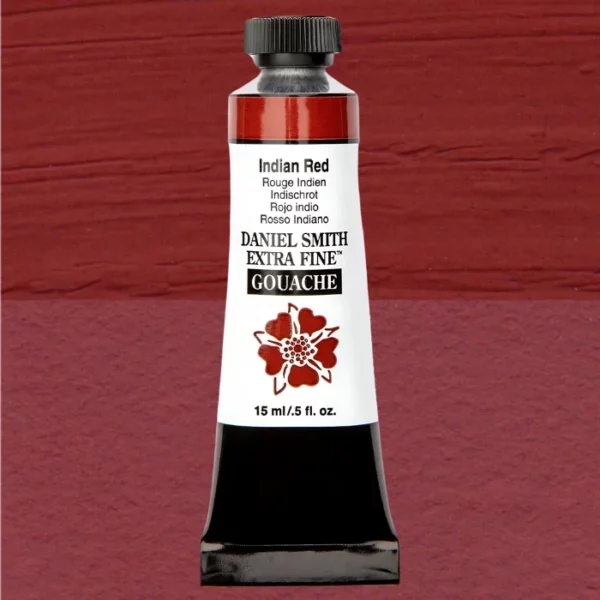 A tube of Indian Red S1 Daniel Smith Extra Fine Gouache 15ml is shown vertically, in the center of the frame. The tube has a white body, with black text that describes the colour and product details and the Daniel Smith Logo. The end of the tube has a black band and it has a black, plastic, screw on lid. The Daniel Smith flower logo is also printed on the front of the tube. The tube of paint overlays a colour swatch in the background that fills the entire frame and shows the colour of the tube.