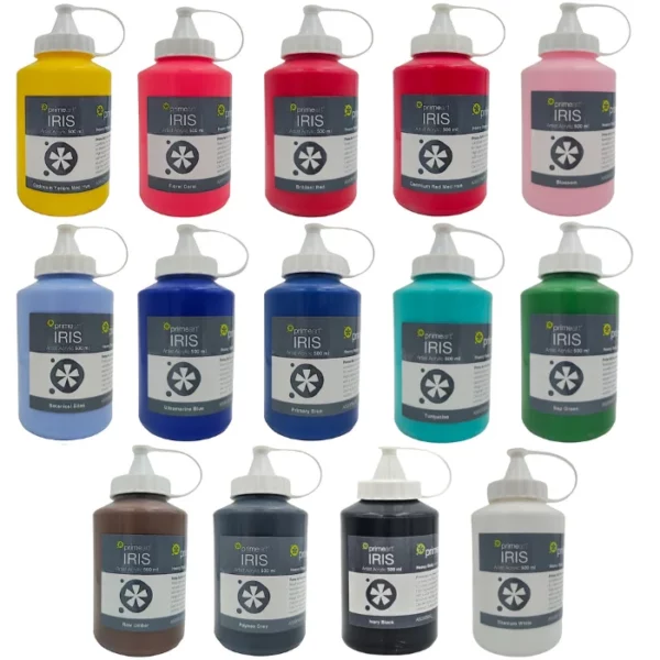 There are 14 clear plastic bottles of Iris Acrylic Paint 500ml shown in the frame. There are 3 rows. The top two rows have 5 bottles each and the bottom row has 4 bottles. Each bottle has a white plastic flip cap lid. There is a label around the body of each bottle that has the Prime Art Logo and the product name and details printed on it. You can see the colour of the paint through the plastic bottles. Each bottle is a different colour. On a white background.