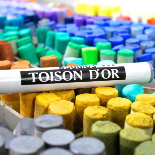 The frame is filled with different coloured Koh-I-Noor Toison D’or Soft Pastels. Most are standing on their ends, but one pastel is laying horizontally across the top of the other. They are round pastel and have a paper laebl around the body of the pastel with the brand name and code colour.