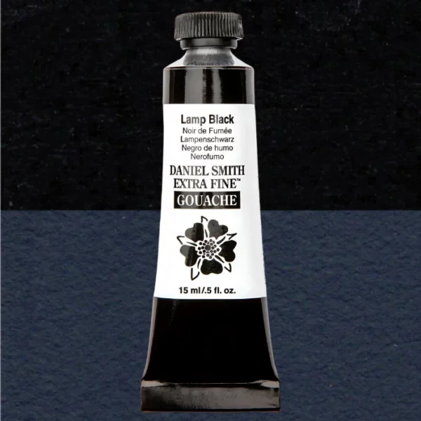 A tube of Lamp Black S1 Daniel Smith Extra Fine Gouache 15ml is shown vertically, in the center of the frame. The tube has a white body, with black text that describes the colour and product details and the Daniel Smith Logo. The end of the tube has a black band and it has a black, plastic, screw on lid. The Daniel Smith flower logo is also printed on the front of the tube. The tube of paint overlays a colour swatch in the background that fills the entire frame and shows the colour of the tube.