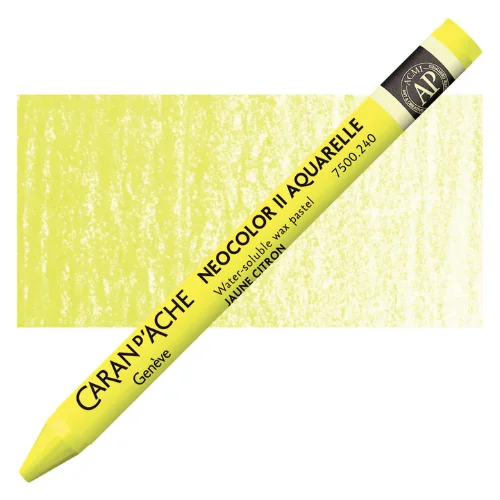 A single Lemon Yellow Caran D'Ache Neocolor II Watersoluble Wax Oil Pastel is shown diagonally in the center of the frame. The tip of the pastel is facing the bottom left hand corner of the frame and the end of the pastel is facing the top right hand corner. There is a paper wrapper wound the body of the pastel. The wrapper is coloured in the colour of the pastel for easy identification. The Caran D'Ache logo, product colour and other details are printed in black on the wrapper. There is a rectangular colour swatch in the background, across the center of the frame. This denotes the colour of the pastel. On a white background.