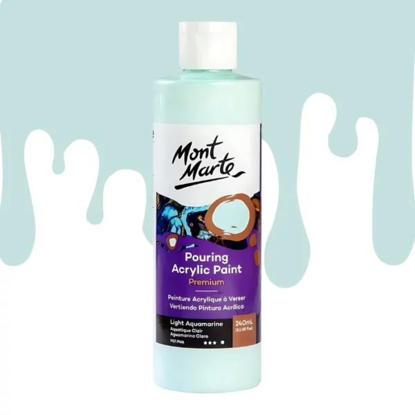 A single bottle of Light Aquamarine Mont Marte Pouring Acrylic Paint is shown in the center of the frame. The bottle is clear plastic so you can see the colour of the paint through the bottle. It has a white flip top cap and a printed label around the body of the bottle. The label is white and purple and has the Mont Marte logo printed at the top with the colour name and product details below. There is a drip paint background at the back of the bottle, at the top of the frame, in the colour of the paint.