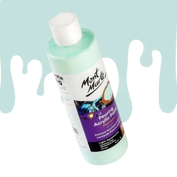 A single bottle of Light Aquamarine Mont Marte Pouring Acrylic Paint is shown in the center of the frame at a slight angle. The bottle is clear plastic so you can see the colour of the paint through the bottle. It has a white flip top cap and a printed label around the body of the bottle. The label is white and purple and has the Mont Marte logo printed at the top with the colour name and product details below. There is a drip paint background at the back of the bottle, at the top of the frame, in the colour of the paint.