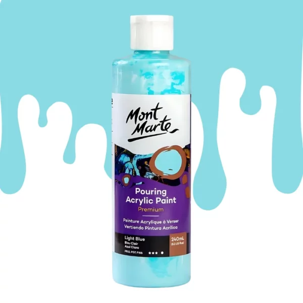 A single bottle of Light Blue Mont Marte Pouring Acrylic Paint is shown in the center of the frame. The bottle is clear plastic so you can see the colour of the paint through the bottle. It has a white flip top cap and a printed label around the body of the bottle. The label is white and purple and has the Mont Marte logo printed at the top with the colour name and product details below. There is a drip paint background at the back of the bottle, at the top of the frame, in the colour of the paint.