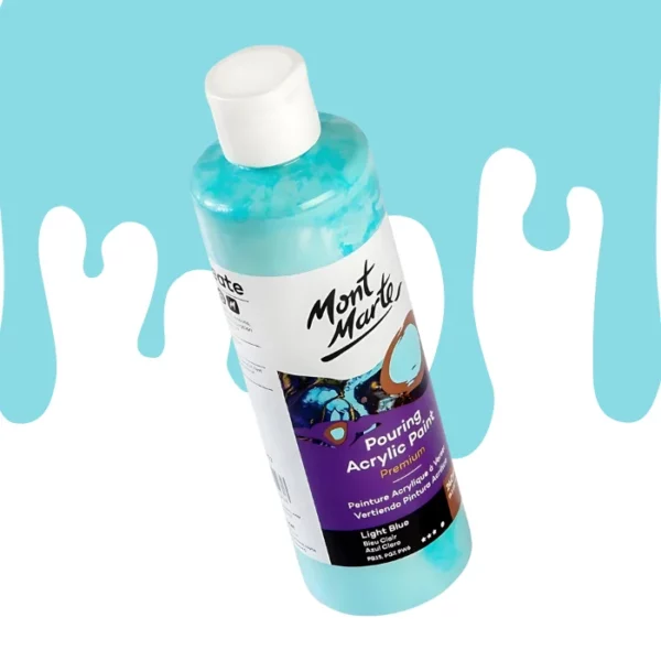 A single bottle of Light Blue Mont Marte Pouring Acrylic Paint is shown in the center of the frame at a slight angle. The bottle is clear plastic so you can see the colour of the paint through the bottle. It has a white flip top cap and a printed label around the body of the bottle. The label is white and purple and has the Mont Marte logo printed at the top with the colour name and product details below. There is a drip paint background at the back of the bottle, at the top of the frame, in the colour of the paint.