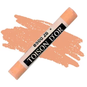 A single Light Orange Koh-I-Noor Toison D’Or Soft Pastel is shown diagonally, across the center of the frame. The pastel has a paper wrapper around the body, which is printed in black with the brand name and product colour number. There is a colour swatch in the center of the background, behind the pastel, that indicates the colour of the pastel. On a white background.