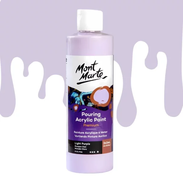 A single bottle of Light Purple Mont Marte Pouring Acrylic Paint is shown in the center of the frame. The bottle is clear plastic so you can see the colour of the paint through the bottle. It has a white flip top cap and a printed label around the body of the bottle. The label is white and purple and has the Mont Marte logo printed at the top with the colour name and product details below. There is a drip paint background at the back of the bottle, at the top of the frame, in the colour of the paint.