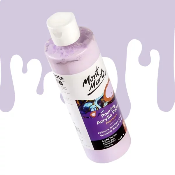 A single bottle of Light Purple Mont Marte Pouring Acrylic Paint is shown in the center of the frame at a slight angle. The bottle is clear plastic so you can see the colour of the paint through the bottle. It has a white flip top cap and a printed label around the body of the bottle. The label is white and purple and has the Mont Marte logo printed at the top with the colour name and product details below. There is a drip paint background at the back of the bottle, at the top of the frame, in the colour of the paint.