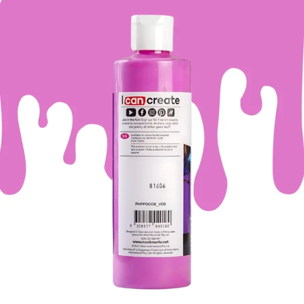 A single bottle of Magenta Mont Marte Pouring Acrylic Paint is shown in the center of the frame. It is the back of the bottle. The bottle is clear plastic so you can see the colour of the paint through the bottle. It has a white flip top cap and a printed label around the body of the bottle. The label is white and has black text describing the product. There is a drip paint background at the back of the bottle, at the top of the frame, in the colour of the paint.