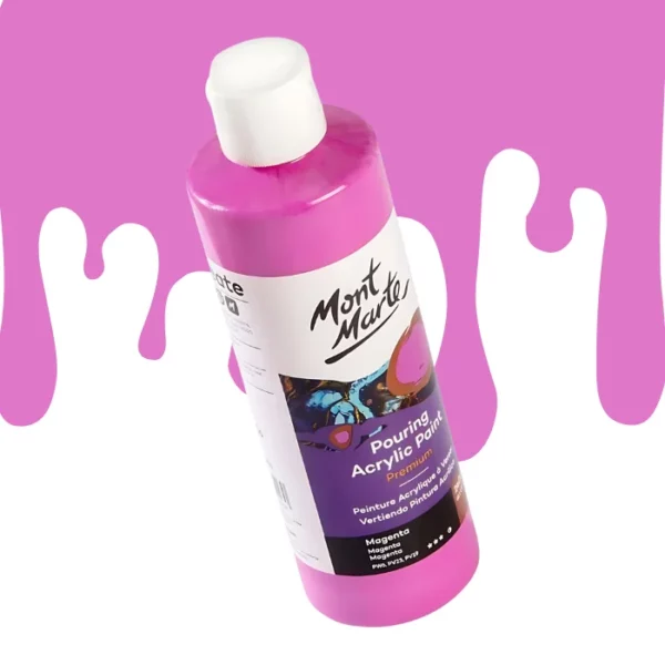 A single bottle of Magenta Mont Marte Pouring Acrylic Paint is shown in the center of the frame at a slight angle. The bottle is clear plastic so you can see the colour of the paint through the bottle. It has a white flip top cap and a printed label around the body of the bottle. The label is white and purple and has the Mont Marte logo printed at the top with the colour name and product details below. There is a drip paint background at the back of the bottle, at the top of the frame, in the colour of the paint.