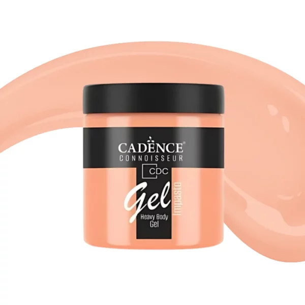 A single jar of Mango Cadence Connoissuer Heavy Body Gel Acrylic is shown in the center of the frame. The jar is made of clear plastic and has a black plastic, screw on lid. You can see the colour of the paint through the clear jar. There is a label around the body of the jar that has the Cadence logo and product name and details printed on the label. There is a colour swatch swirl behind the jar that denotes the colour of the paint. On a white background.