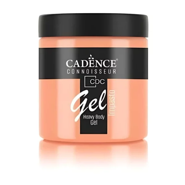 A single jar of Mango Cadence Connoissuer Heavy Body Gel Acrylic is shown in the center of the frame. The jar is made of clear plastic and has a black plastic, screw on lid. You can see the colour of the paint through the clear jar. There is a label around the body of the jar that has the Cadence logo and product name and details printed on the label. There is a reflection below the bottle. On a white background.