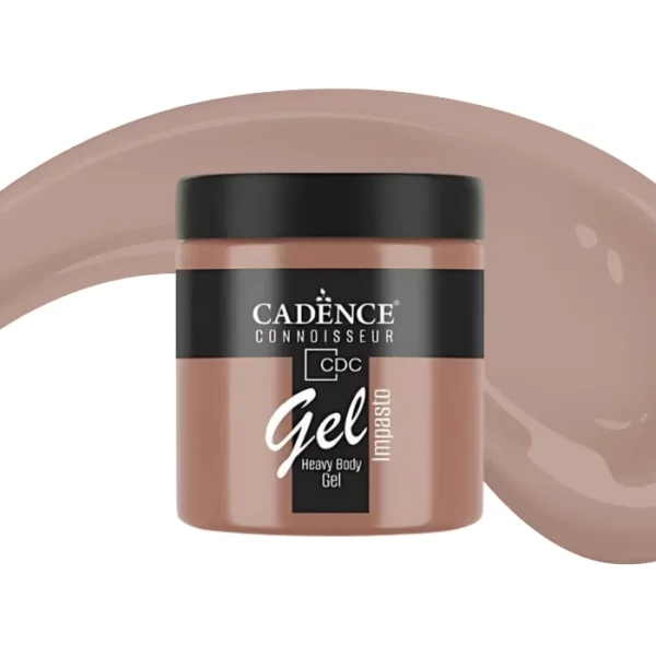 A single jar of Maple Valley Cadence Connoissuer Heavy Body Gel Acrylic is shown in the center of the frame. The jar is made of clear plastic and has a black plastic, screw on lid. You can see the colour of the paint through the clear jar. There is a label around the body of the jar that has the Cadence logo and product name and details printed on the label. There is a colour swatch swirl behind the jar that denotes the colour of the paint. On a white background.