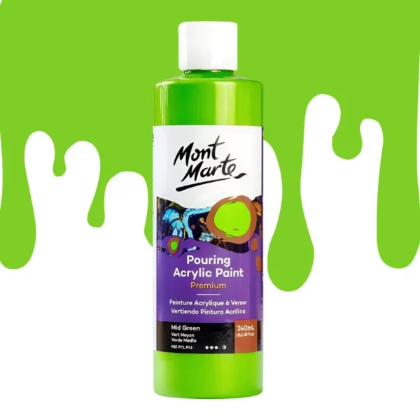 A single bottle of Mid Green Mont Marte Pouring Acrylic Paint is shown in the center of the frame. The bottle is clear plastic so you can see the colour of the paint through the bottle. It has a white flip top cap and a printed label around the body of the bottle. The label is white and purple and has the Mont Marte logo printed at the top with the colour name and product details below. There is a drip paint background at the back of the bottle, at the top of the frame, in the colour of the paint.