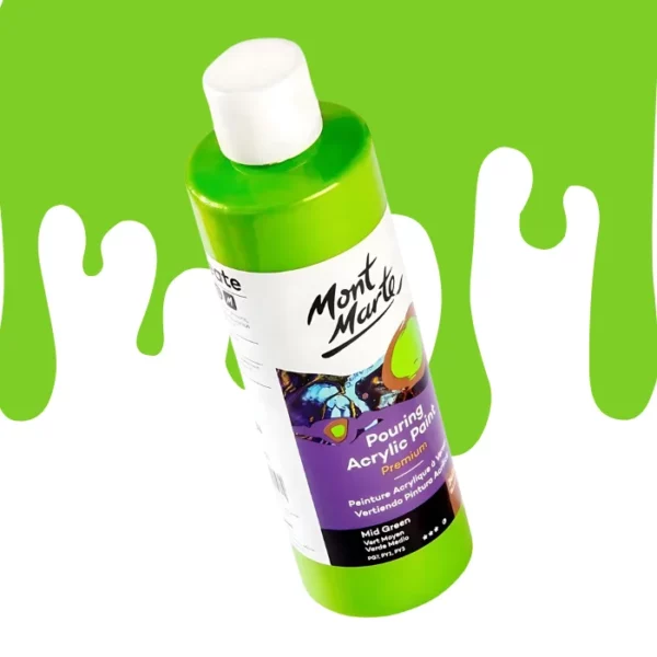 A single bottle of Mid Green Mont Marte Pouring Acrylic Paint is shown in the center of the frame at a slight angle. The bottle is clear plastic so you can see the colour of the paint through the bottle. It has a white flip top cap and a printed label around the body of the bottle. The label is white and purple and has the Mont Marte logo printed at the top with the colour name and product details below. There is a drip paint background at the back of the bottle, at the top of the frame, in the colour of the paint.