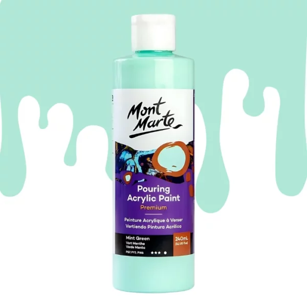 A single bottle of Mint Green Mont Marte Pouring Acrylic Paint is shown in the center of the frame. The bottle is clear plastic so you can see the colour of the paint through the bottle. It has a white flip top cap and a printed label around the body of the bottle. The label is white and purple and has the Mont Marte logo printed at the top with the colour name and product details below. There is a drip paint background at the back of the bottle, at the top of the frame, in the colour of the paint.