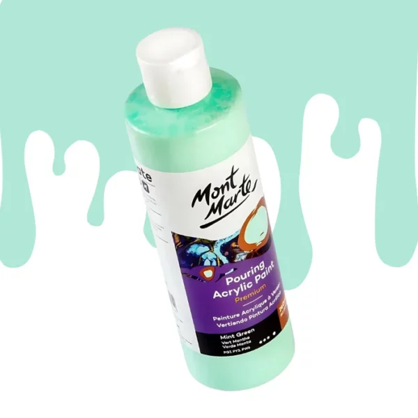 A single bottle of Mint Green Mont Marte Pouring Acrylic Paint is shown in the center of the frame at a slight angle. The bottle is clear plastic so you can see the colour of the paint through the bottle. It has a white flip top cap and a printed label around the body of the bottle. The label is white and purple and has the Mont Marte logo printed at the top with the colour name and product details below. There is a drip paint background at the back of the bottle, at the top of the frame, in the colour of the paint.