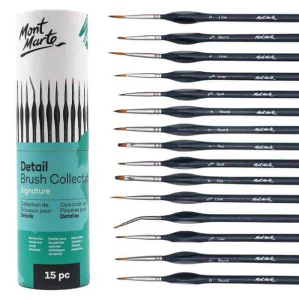 A set of the Mont Marte Detail Brush Collection is shown in a tube along the left hand side of the frame. The tube is white and teal and has text describing the product as well as the Mont Marte logo printed on it. There is also an image of the brushes in the set on the outside of the tube. The loose brushes from the set are shown along the right hand side of the frame horizontally, one under the other. The brushes have black handles and golden taklon bristles. The image is center of the frame and on a white background.