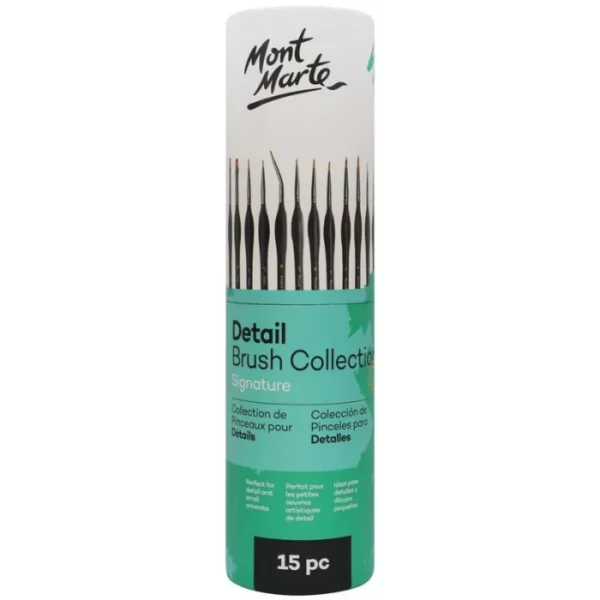 The Mont Marte Detail Brush Collection 15 piece is shown in a tube in the center of the frame. The tube is cardboard and is printed in white and teal and has black text describing the product as well as the Mont Marte logo printed at the top of the tube. There is a picture of the 15 brushes on the front of the tube. The image is center of the frame and on a white background.