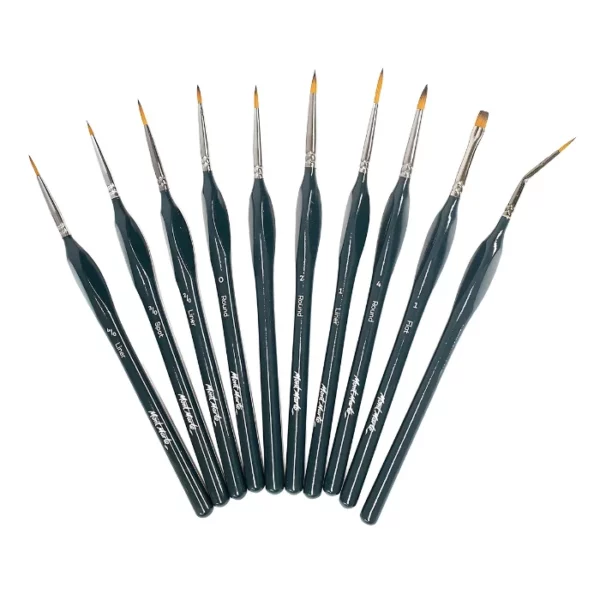 The images shows the loose brushes from the Mont Marte Fine Detail Brush Set 10 piece. The brushes have a triangular grip, black handles and golden taklon bristles. Each brush is a different shape and size. On a white background. They are fanned out in the center of the frame and are on a white background.