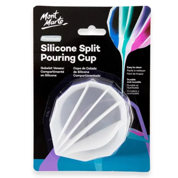 A Mont Mont Marte Silicone Split Pouring Cup is shown vertically in the center of the frame, in it's packaging. The cup is white plastic and in a rounded 'v' shape. It has 4 divisions for paint. The packaging is a hang tab with a cardboard backing that is printed and a clear plastic moulded top so you can see the cup through the packaging.