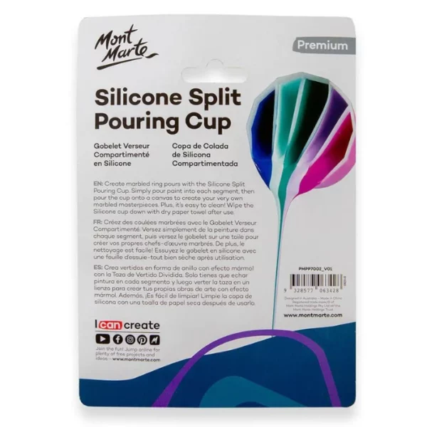 The back of the packaging of a Mont Marte Silicone Split Pouring Cup is shown vertically in the center of the frame. It has black text and an image of a persons hand using the cup to pour paint. On a white background.