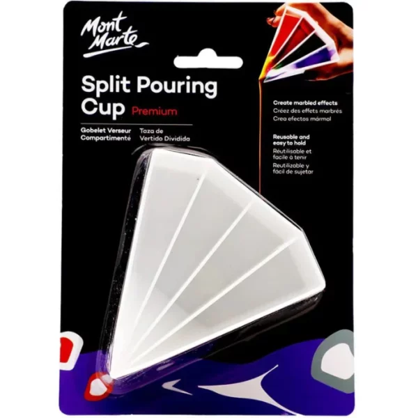 A Mont Marte Split Pouring Cup is shown vertically in the center of the frame, in it's packaging. The cup is white plastic and in a 'v' shape. It has 4 divisions for paint. The packaging is a hang tab with a cardboard backing that is printed and a clear plastic moulded top so you can see the cup through the packaging.