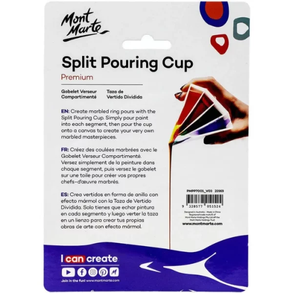 The back of the packaging of a Mont Marte Split Pouring Cup is shown vertically in the center of the frame. It has black text and an image of a persons hand using the cup to pour paint. On a white background.