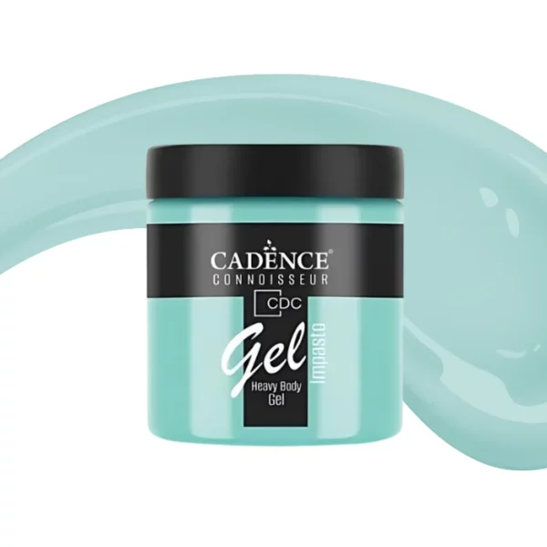 A single jar of Mystic Teal Cadence Connoissuer Heavy Body Gel Acrylic is shown in the center of the frame. The jar is made of clear plastic and has a black plastic, screw on lid. You can see the colour of the paint through the clear jar. There is a label around the body of the jar that has the Cadence logo and product name and details printed on the label. There is a colour swatch swirl behind the jar that denotes the colour of the paint. On a white background.