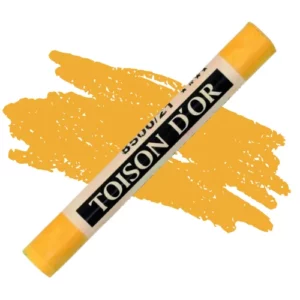 A single Naples Yellow Koh-I-Noor Toison D’Or Soft Pastel is shown diagonally, across the center of the frame. The pastel has a paper wrapper around the body, which is printed in black with the brand name and product colour number. There is a colour swatch in the center of the background, behind the pastel, that indicates the colour of the pastel. On a white background.