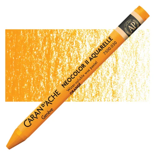 A single Orange Caran D'Ache Neocolor II Watersoluble Wax Oil Pastel is shown diagonally in the center of the frame. The tip of the pastel is facing the bottom left hand corner of the frame and the end of the pastel is facing the top right hand corner. There is a paper wrapper wound the body of the pastel. The wrapper is coloured in the colour of the pastel for easy identification. The Caran D'Ache logo, product colour and other details are printed in black on the wrapper. There is a rectangular colour swatch in the background, across the center of the frame. This denotes the colour of the pastel. On a white background.