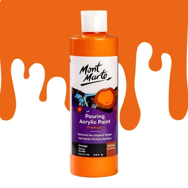 A single bottle of Orange Mont Marte Pouring Acrylic Paint is shown in the center of the frame. The bottle is clear plastic so you can see the colour of the paint through the bottle. It has a white flip top cap and a printed label around the body of the bottle. The label is white and purple and has the Mont Marte logo printed at the top with the colour name and product details below. There is a drip paint background at the back of the bottle, at the top of the frame, in the colour of the paint.