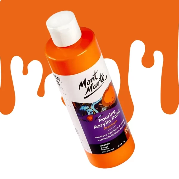 A single bottle of Orange Mont Marte Pouring Acrylic Paint is shown in the center of the frame at a slight angle. The bottle is clear plastic so you can see the colour of the paint through the bottle. It has a white flip top cap and a printed label around the body of the bottle. The label is white and purple and has the Mont Marte logo printed at the top with the colour name and product details below. There is a drip paint background at the back of the bottle, at the top of the frame, in the colour of the paint.