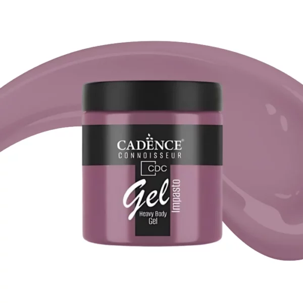 A single jar of Orchid Cadence Connoissuer Heavy Body Gel Acrylic is shown in the center of the frame. The jar is made of clear plastic and has a black plastic, screw on lid. You can see the colour of the paint through the clear jar. There is a label around the body of the jar that has the Cadence logo and product name and details printed on the label. There is a colour swatch swirl behind the jar that denotes the colour of the paint. On a white background.