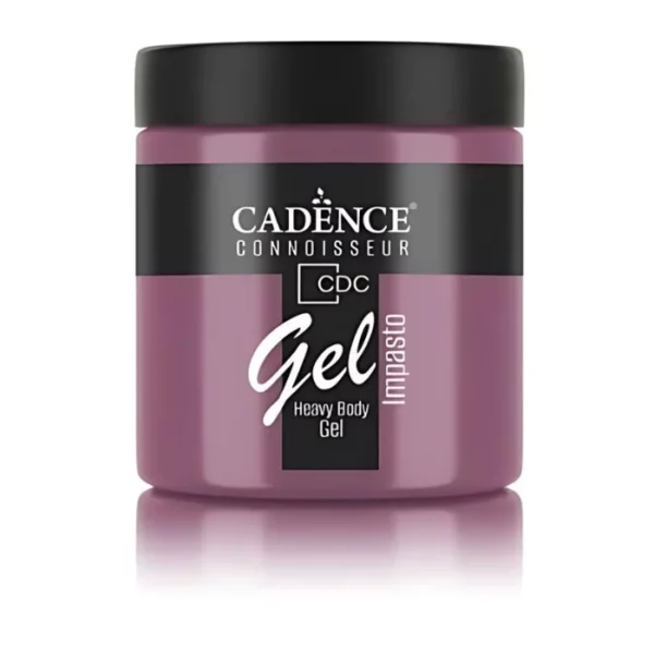 A single jar of Orchid Cadence Connoissuer Heavy Body Gel Acrylic is shown in the center of the frame. The jar is made of clear plastic and has a black plastic, screw on lid. You can see the colour of the paint through the clear jar. There is a label around the body of the jar that has the Cadence logo and product name and details printed on the label. There is a reflection below the bottle. On a white background.