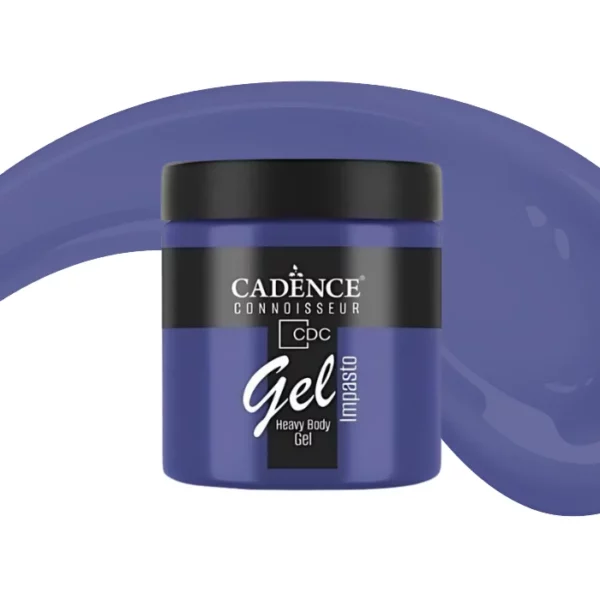 A single jar of Oxford Blue Cadence Connoissuer Heavy Body Gel Acrylic is shown in the center of the frame. The jar is made of clear plastic and has a black plastic, screw on lid. You can see the colour of the paint through the clear jar. There is a label around the body of the jar that has the Cadence logo and product name and details printed on the label. There is a colour swatch swirl behind the jar that denotes the colour of the paint. On a white background.