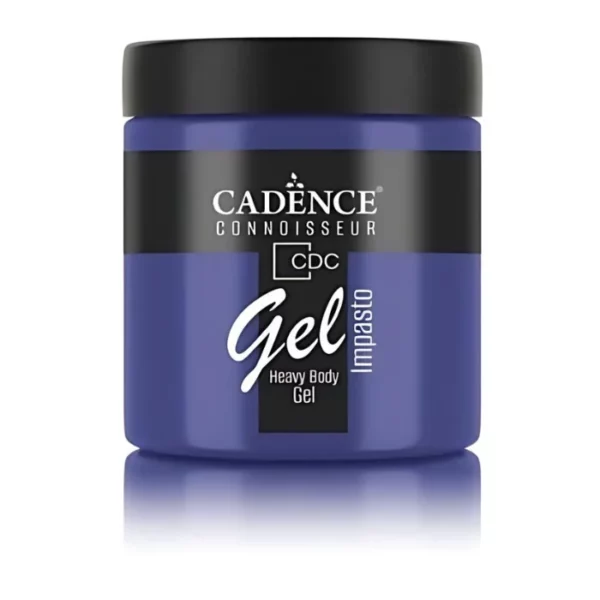 A single jar of Oxford Blue Cadence Connoissuer Heavy Body Gel Acrylic is shown in the center of the frame. The jar is made of clear plastic and has a black plastic, screw on lid. You can see the colour of the paint through the clear jar. There is a label around the body of the jar that has the Cadence logo and product name and details printed on the label. There is a reflection below the bottle. On a white background.