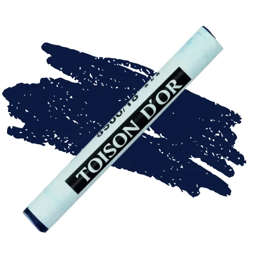 A single Paris Blue Koh-I-Noor Toison D’Or Soft Pastel is shown diagonally, across the center of the frame. The pastel has a paper wrapper around the body, which is printed in black with the brand name and product colour number. There is a colour swatch in the center of the background, behind the pastel, that indicates the colour of the pastel. On a white background.