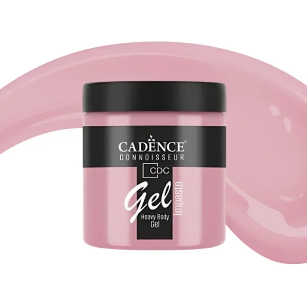 A single jar of Paris Pink Cadence Connoissuer Heavy Body Gel Acrylic is shown in the center of the frame. The jar is made of clear plastic and has a black plastic, screw on lid. You can see the colour of the paint through the clear jar. There is a label around the body of the jar that has the Cadence logo and product name and details printed on the label. There is a colour swatch swirl behind the jar that denotes the colour of the paint. On a white background.