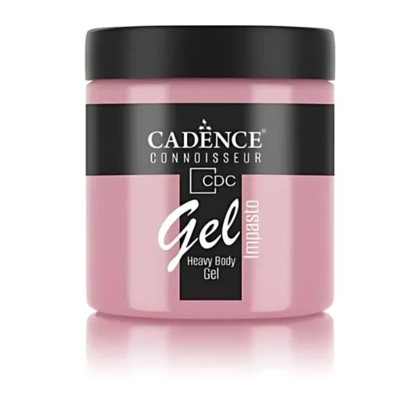 A single jar of Paris Pink Cadence Connoissuer Heavy Body Gel Acrylic is shown in the center of the frame. The jar is made of clear plastic and has a black plastic, screw on lid. You can see the colour of the paint through the clear jar. There is a label around the body of the jar that has the Cadence logo and product name and details printed on the label. There is a reflection below the bottle. On a white background.