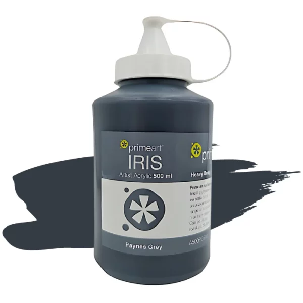 A single bottle of Payne's Grey Iris Acrylic Paint 500ml is shown vertically in the center of the frame. The bottle is a clear plastic bottle with a white plastic flip top lid that is hinged to the bottle. There is a label around the body of the bottle that is printed with the Prime Art logo, the product name and details. The image is center of the frame and there is a paint swatch colour behind the bottle that indicates the colour of the paint. On a white background.