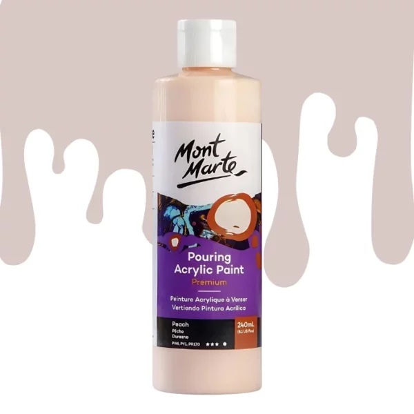 A single bottle of Peach Mont Marte Pouring Acrylic Paint is shown in the center of the frame. The bottle is clear plastic so you can see the colour of the paint through the bottle. It has a white flip top cap and a printed label around the body of the bottle. The label is white and purple and has the Mont Marte logo printed at the top with the colour name and product details below. There is a drip paint background at the back of the bottle, at the top of the frame, in the colour of the paint.