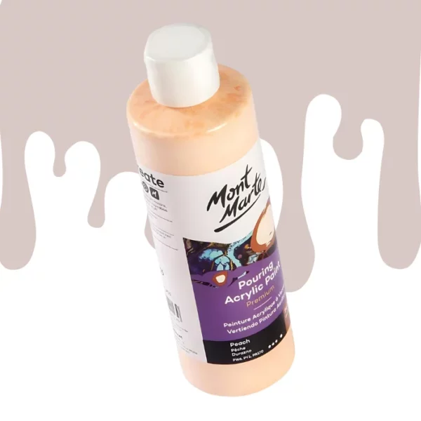 A single bottle of Peach Mont Marte Pouring Acrylic Paint is shown in the center of the frame at a slight angle. The bottle is clear plastic so you can see the colour of the paint through the bottle. It has a white flip top cap and a printed label around the body of the bottle. The label is white and purple and has the Mont Marte logo printed at the top with the colour name and product details below. There is a drip paint background at the back of the bottle, at the top of the frame, in the colour of the paint.