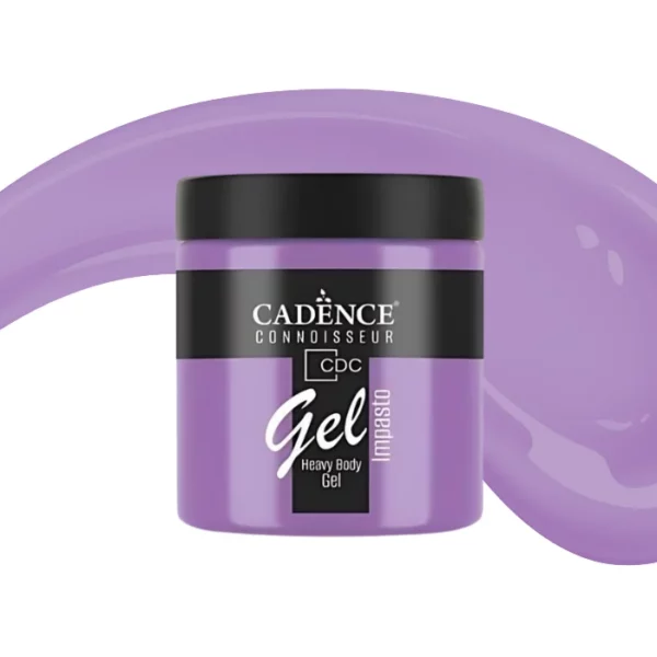 A single jar of Periwinkle Cadence Connoissuer Heavy Body Gel Acrylic is shown in the center of the frame. The jar is made of clear plastic and has a black plastic, screw on lid. You can see the colour of the paint through the clear jar. There is a label around the body of the jar that has the Cadence logo and product name and details printed on the label. There is a colour swatch swirl behind the jar that denotes the colour of the paint. On a white background.